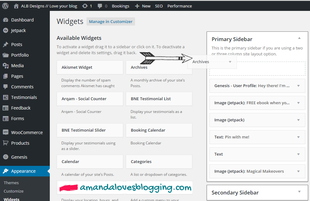 whats a wordpress widget // dragging a widget to your sidebar via ALB Designs