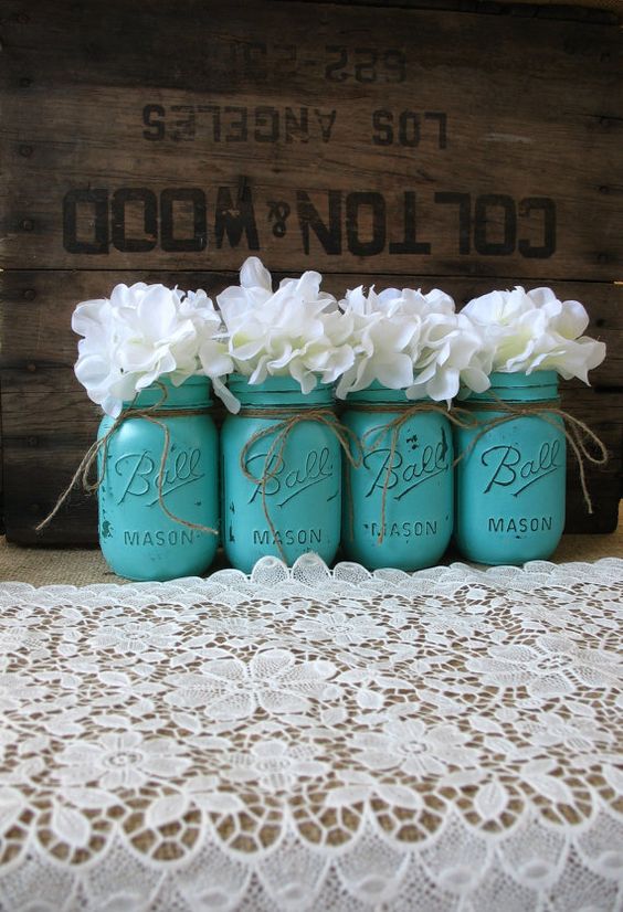 teal mason jars for wedding colors